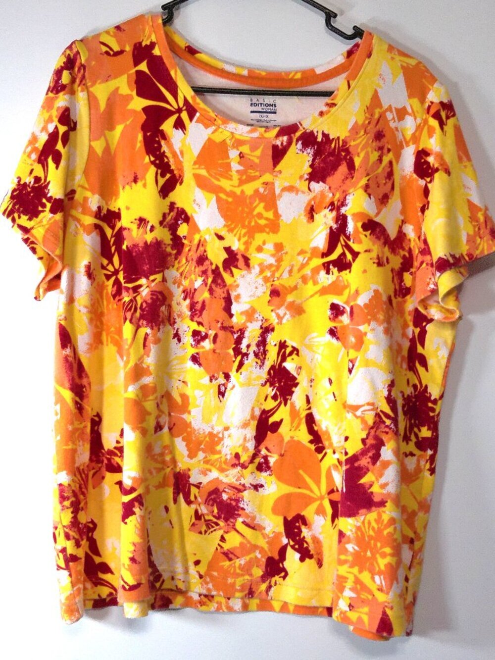 Basic Editions Women’s Top 1X Orange Yellow Floral Short Sleeve Plus Size Casual